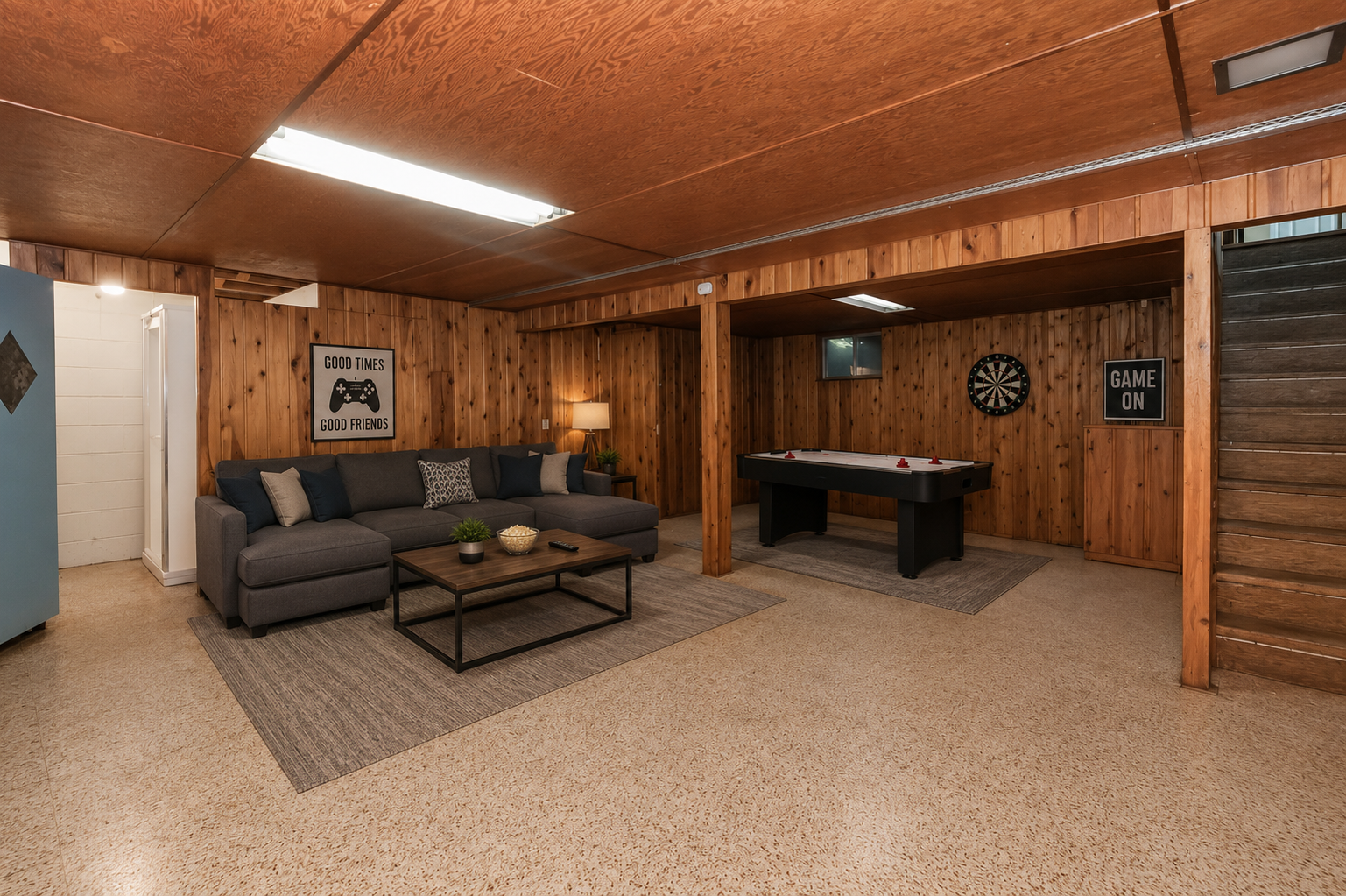 Spacious lower-level family room with wood-paneled walls and flexible layout for entertaining, hobbies, or additional living space. Virtually staged.