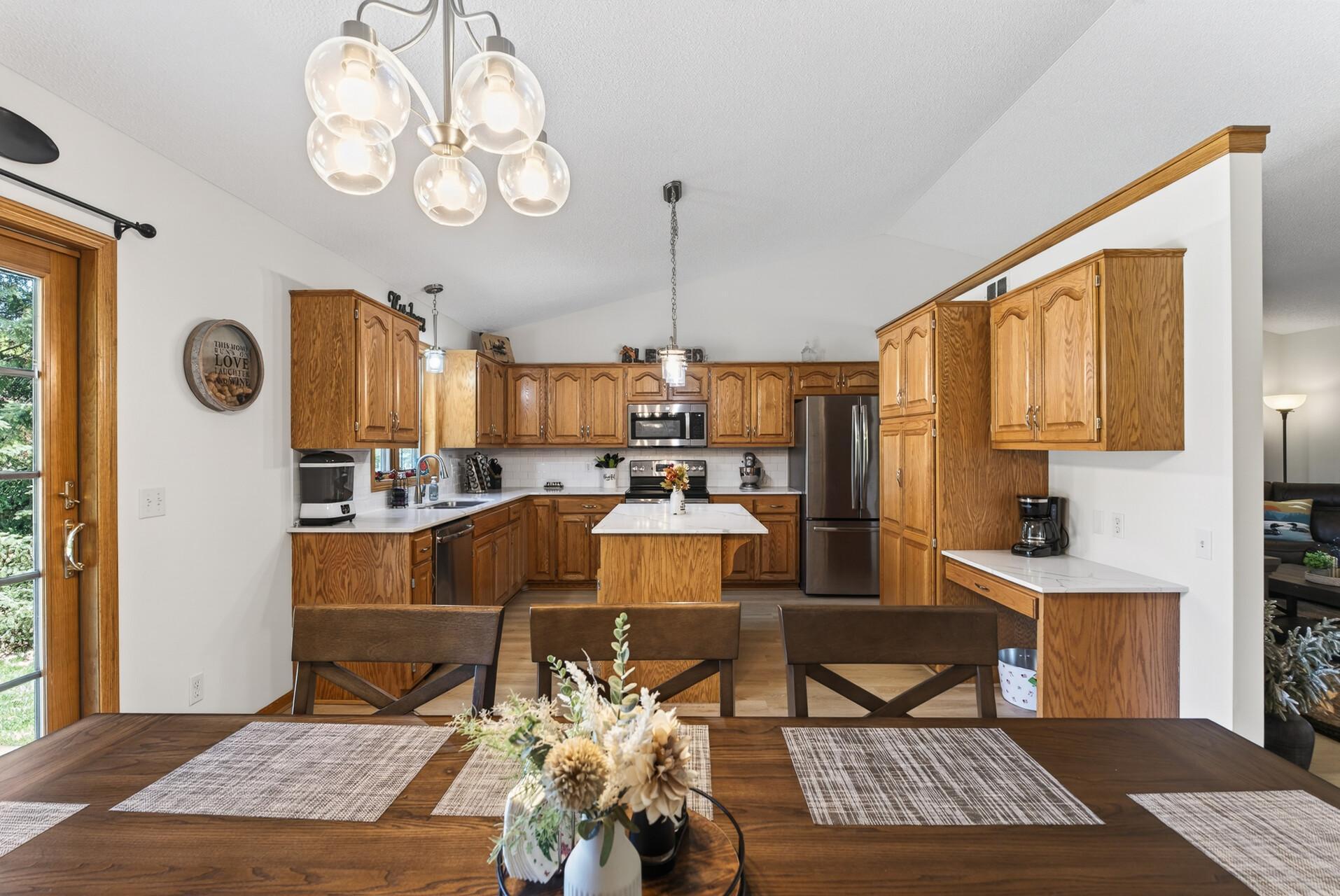 A kitchen with ample cupboard space.