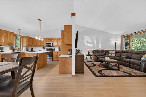 Vaulted ceilings in the living and dining rooms, and in the kitchen.
