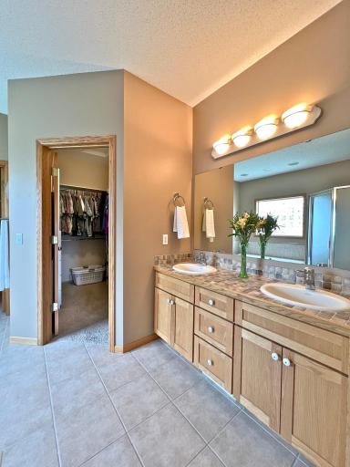 Main floor primary owner's suite w/separate tub & shower, double sinks, walk-in closet