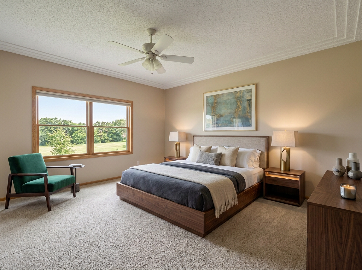 Primary bedroom has spectacular golf course views photo digitally restaged