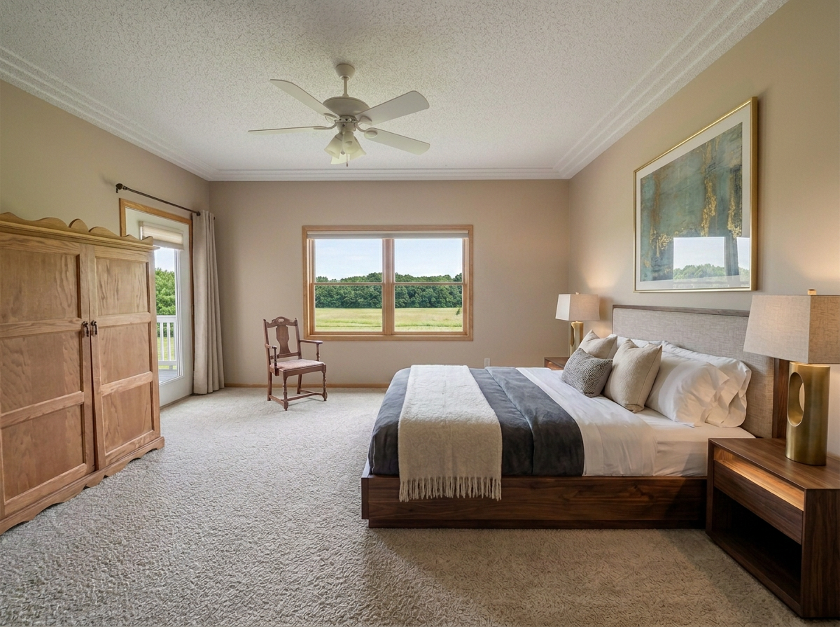 Another view of primary bedroom partially digitally restaged