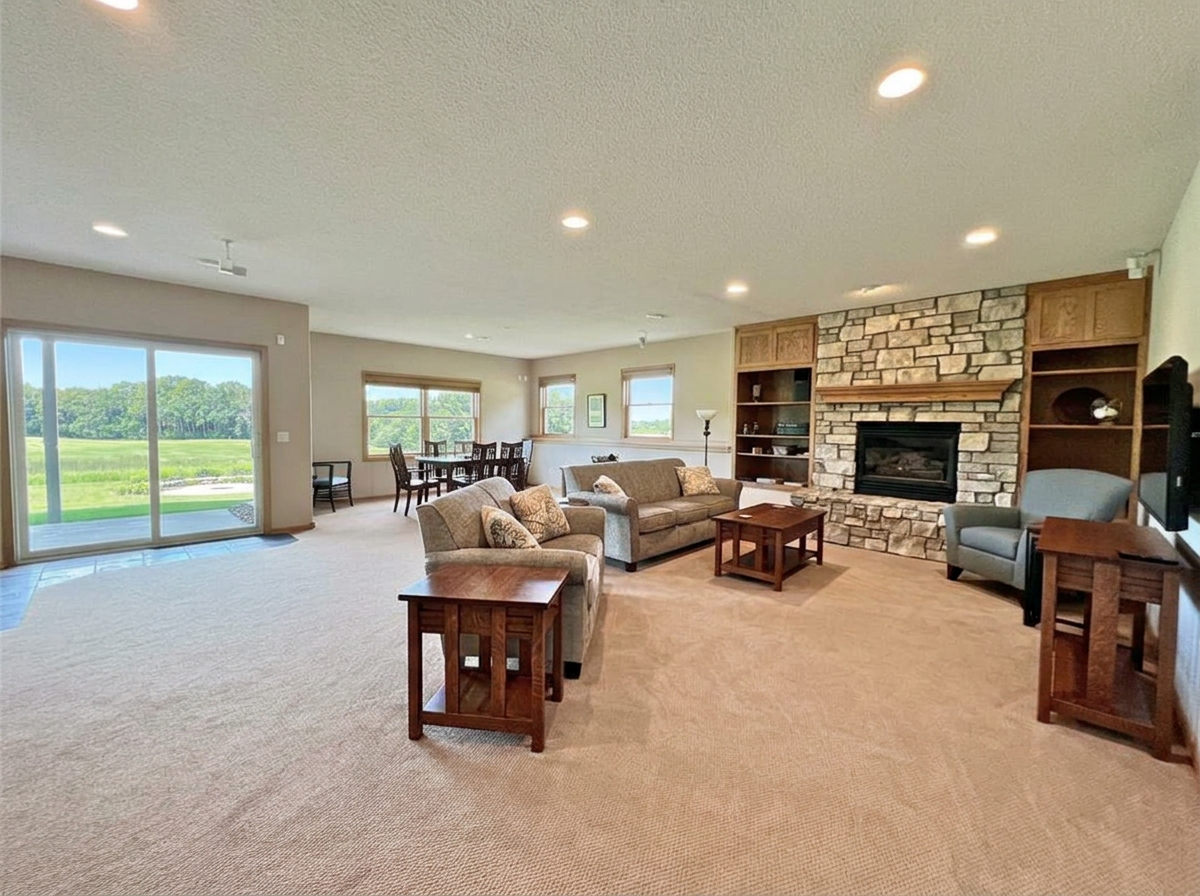Additional view of expansive walk-out lower leve including gas fireplace w/stone facade