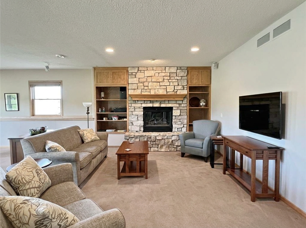 Another view of gas fireplace sitting area in walkout lower level family room