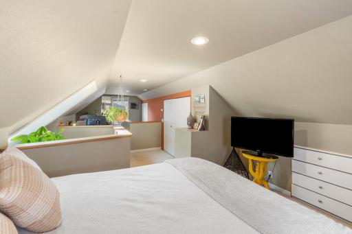 The bedroom area fits a king size bed, note the built in dresser