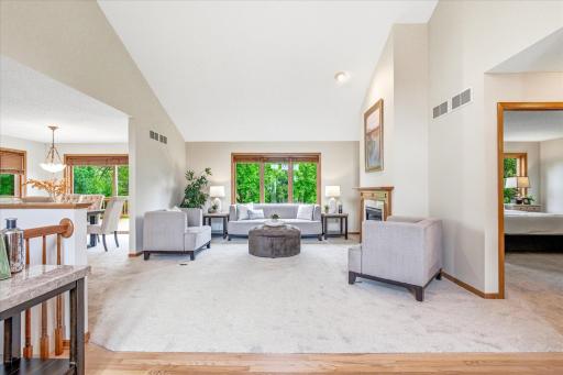 Living room off foyer, with soaring ceilings
