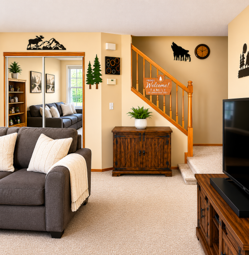 Living Room with back staircase to upper-level.