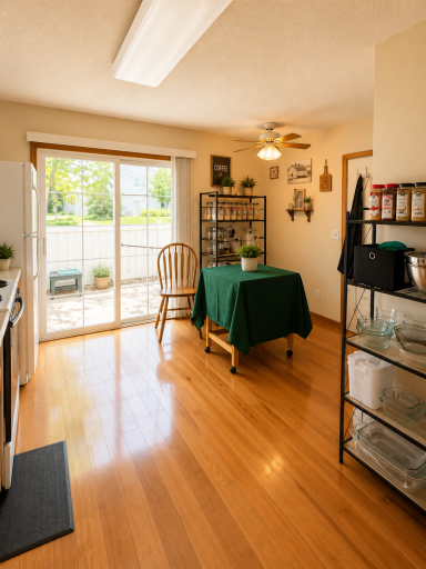 Convenient dining area in corner near patio door.
