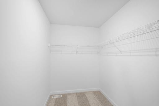 Ventilated shelving is featured in the walk-in closet