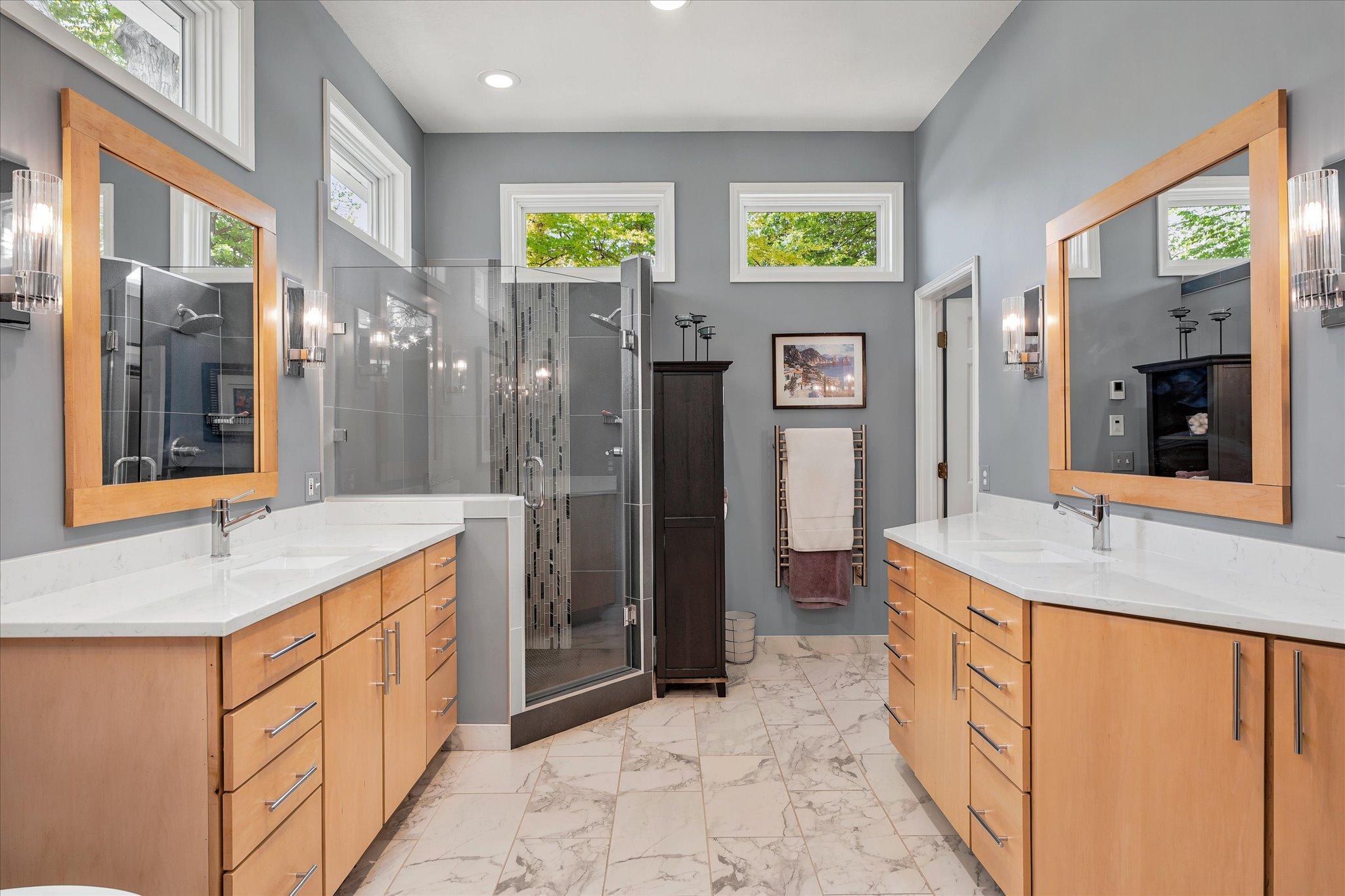 Double separate Vanities & heated towel rack