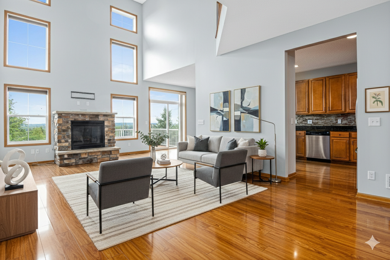 Virtually staged family room with fireplace view