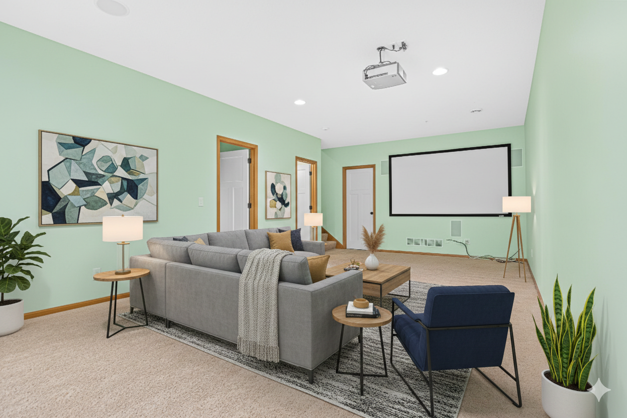 Virtually staged Basement media room project view