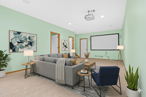 Virtually staged Basement media room project view