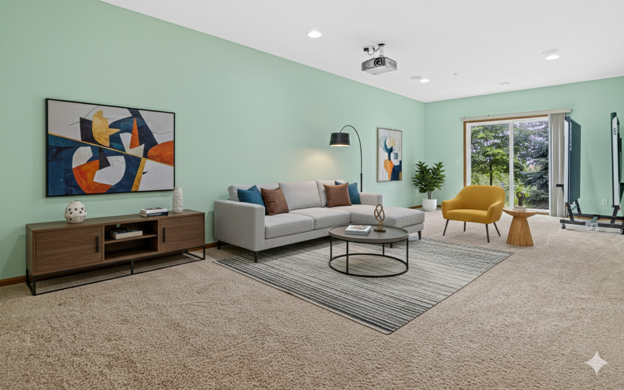 Virtually staged Basement Media room