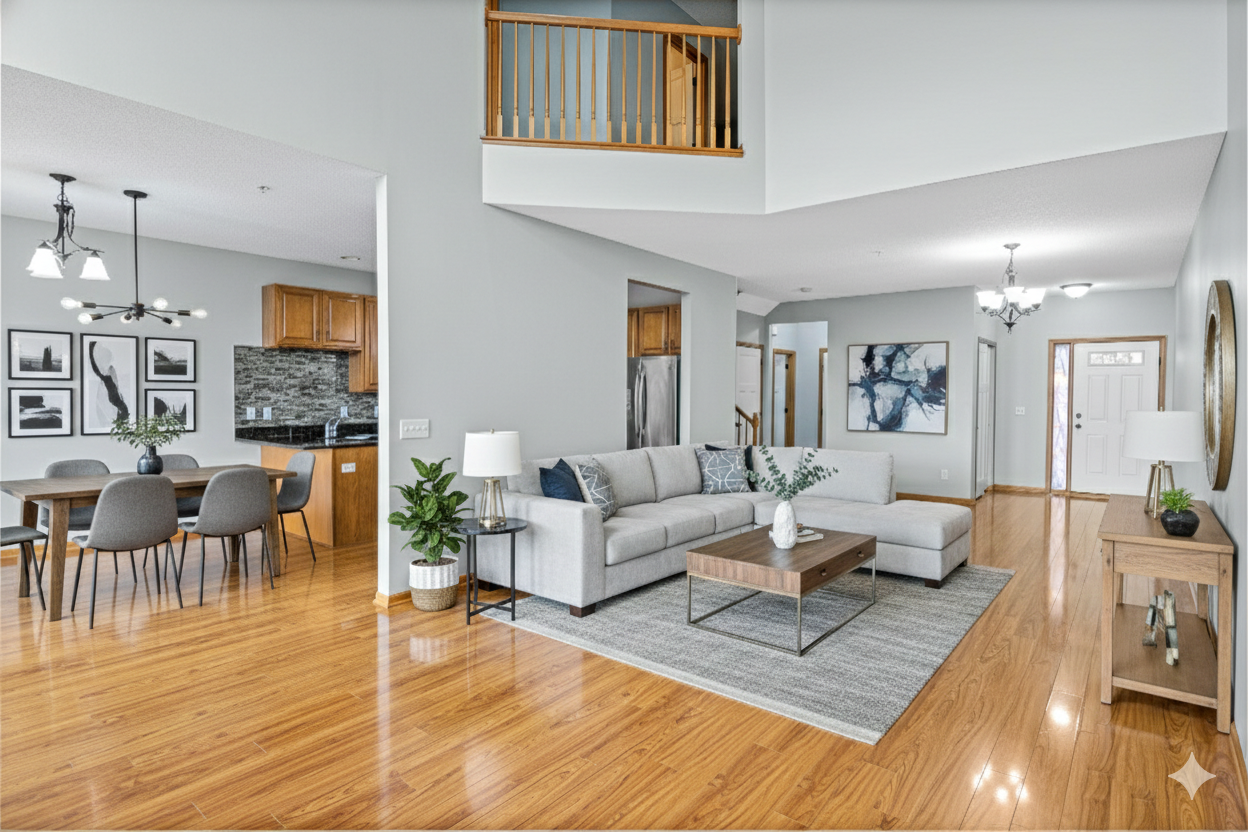 Virtually staged family room with frontview view
