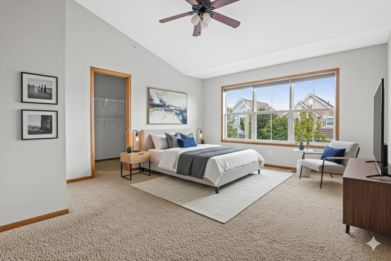 Virtually staged primary bedroom