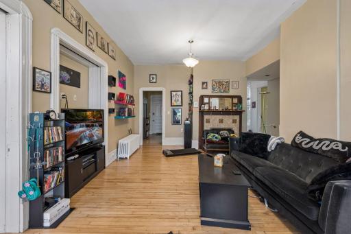 Spacious living room with hardwood floors