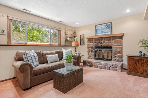 The finished lower-level family room expands the home's living space with endless possibilities for relaxing, movie nights, or gathering with family and friends.