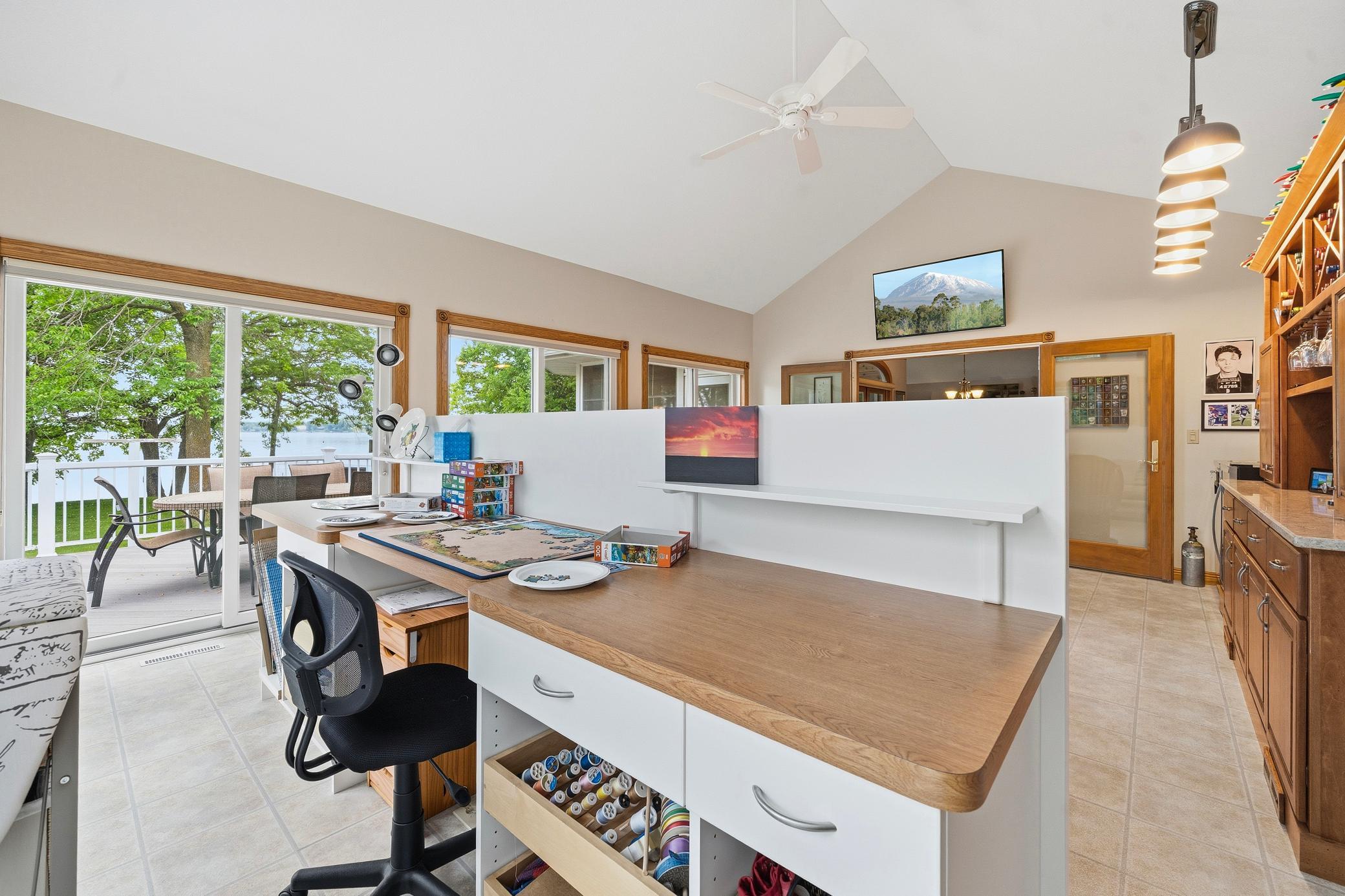 A built-in desk provides the perfect space for working from home or crafting.