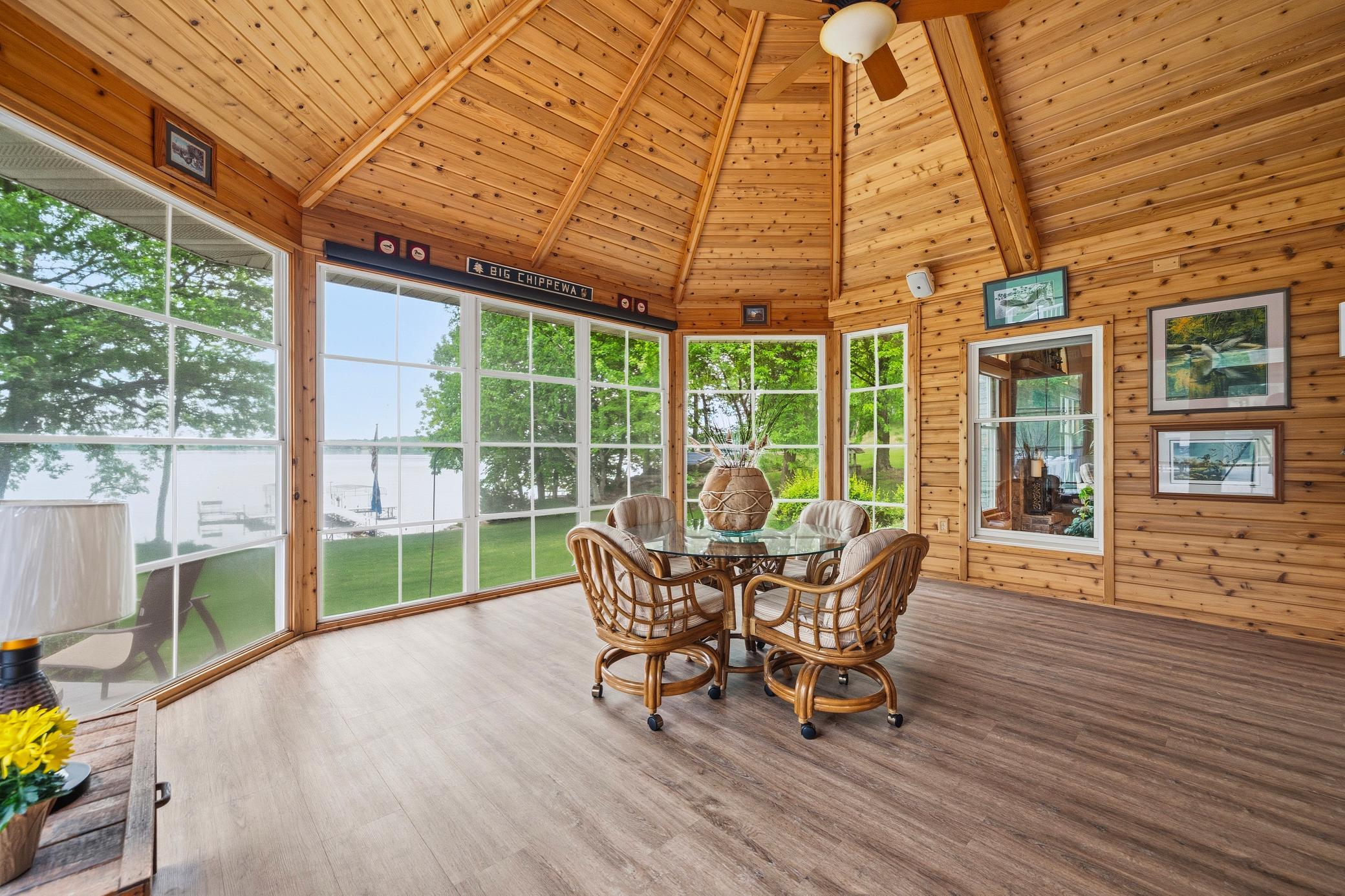 Knotty pine walls and ceilings add rustic charm.