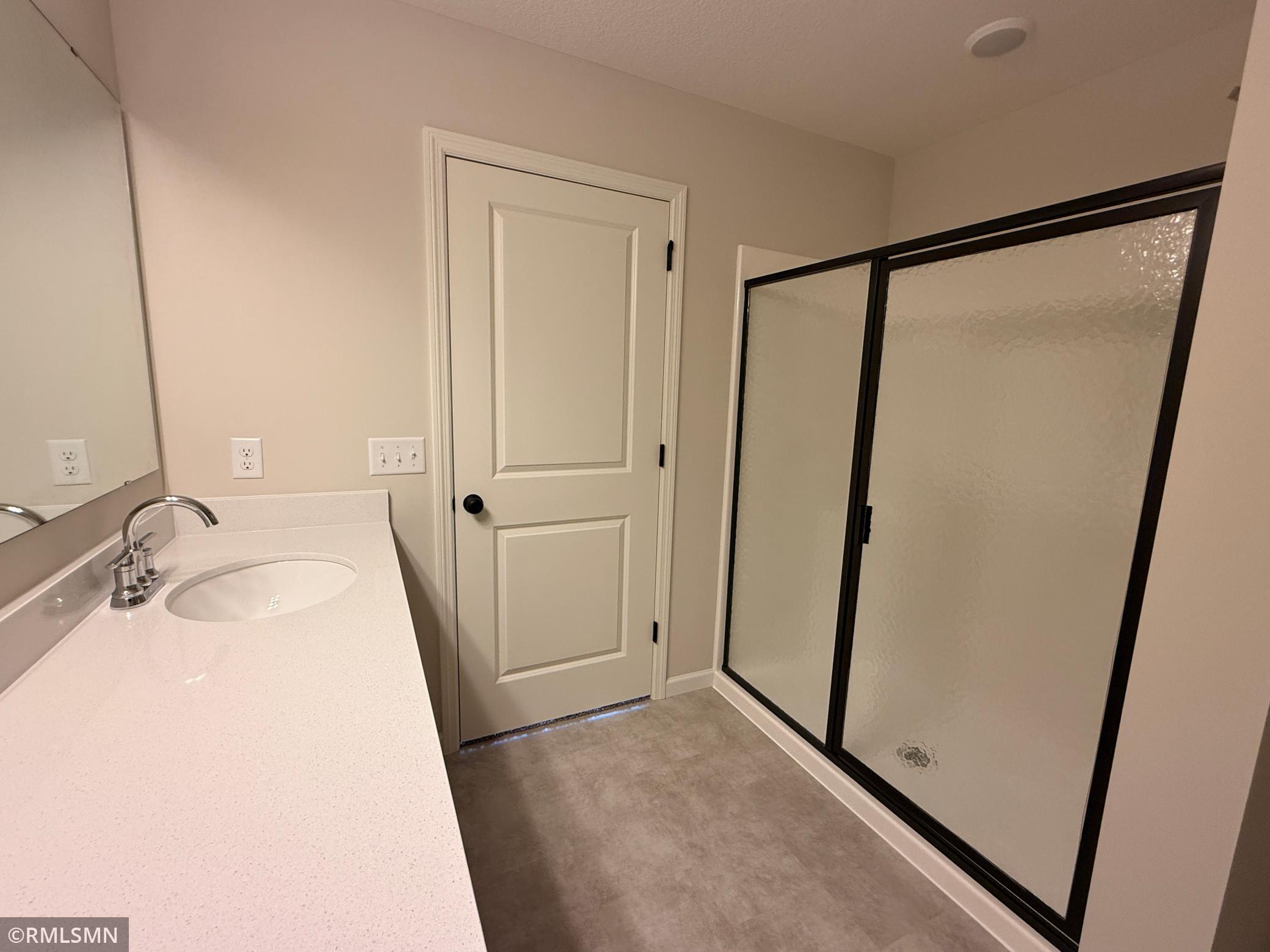 View of the oversized owner's suite shower complete with shower doors.
