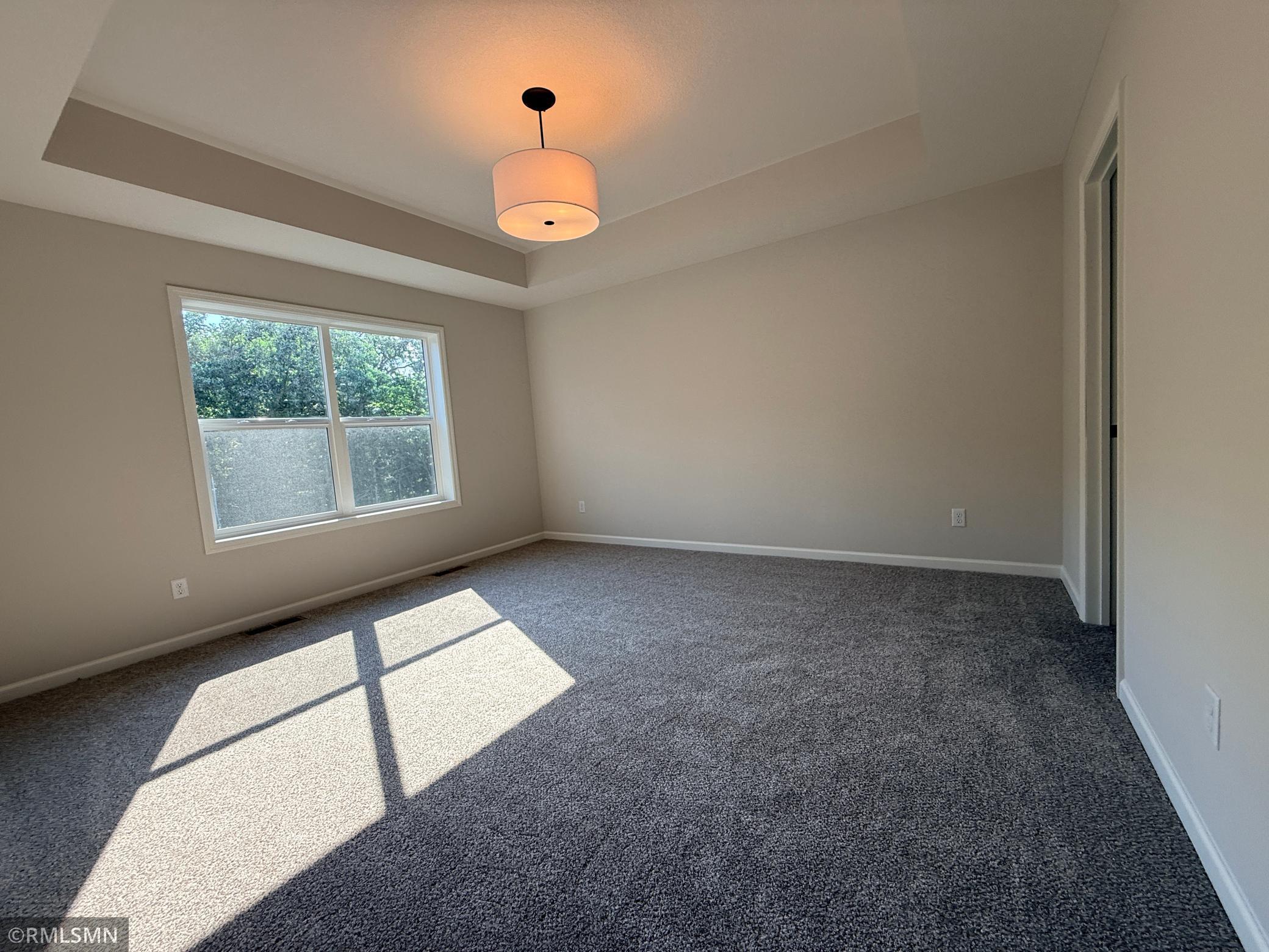 The vaulted ceiling in the owner's suite enhances the space and the oversize window brings in lots of natural light and gives the perfect view to the wooded backyard.