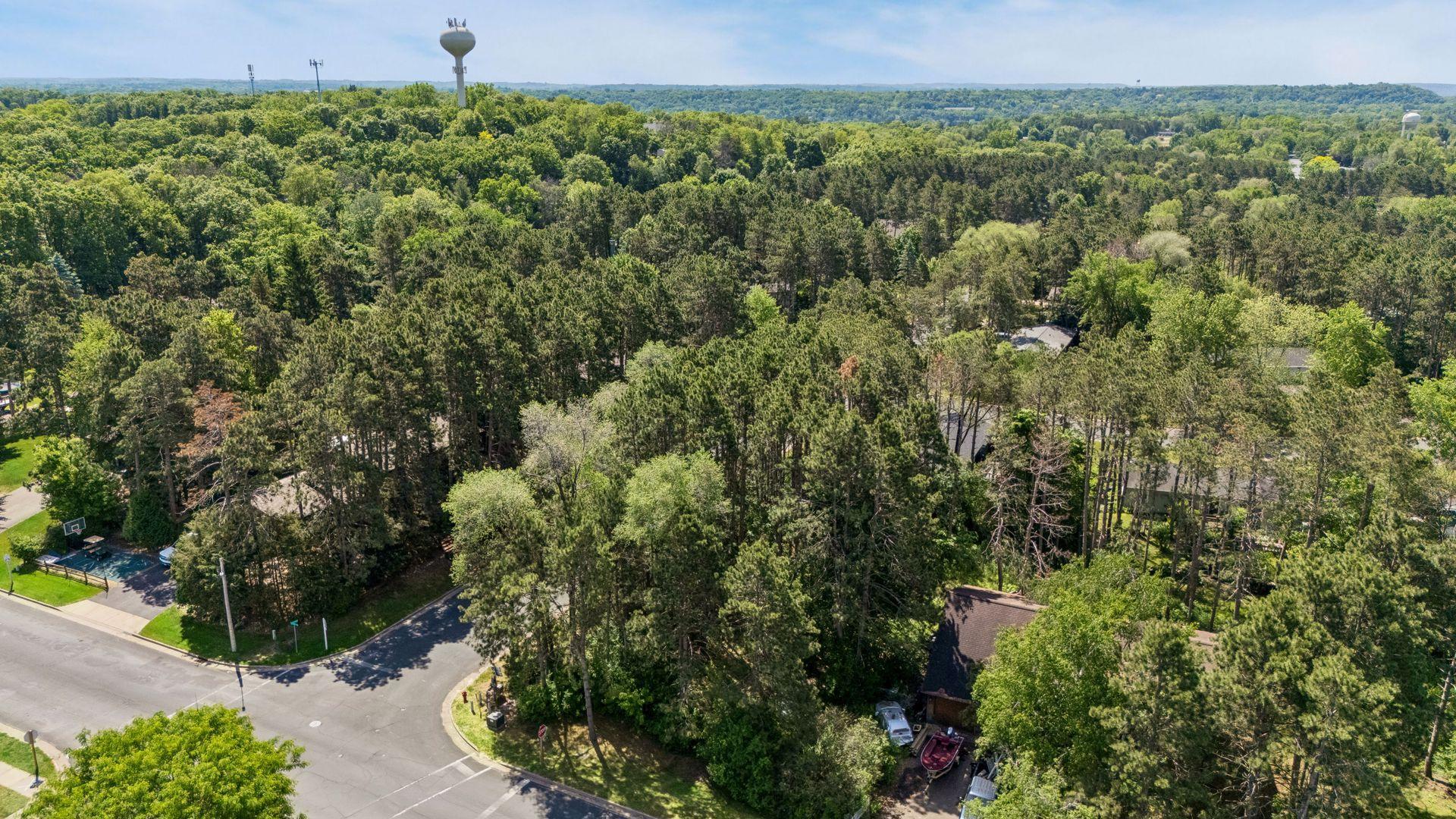 Aerial view showing mature tree canopy.