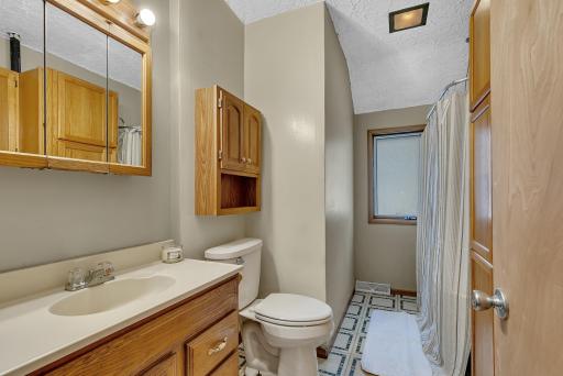 The full bathroom on the main level offers exceptional storage with two medicine cabinets and a built-in linen closet to help keep everything organized.