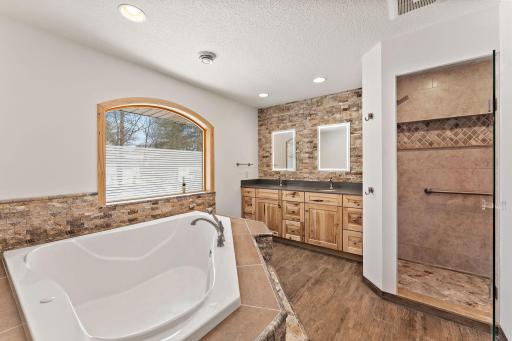 Updated primary bath with dual bowl vanity