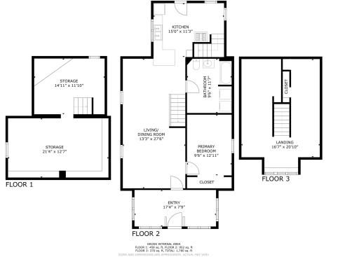 This floor plan provides a practical layout with main-level living, complemented by an upper-level space and 3-season porch.