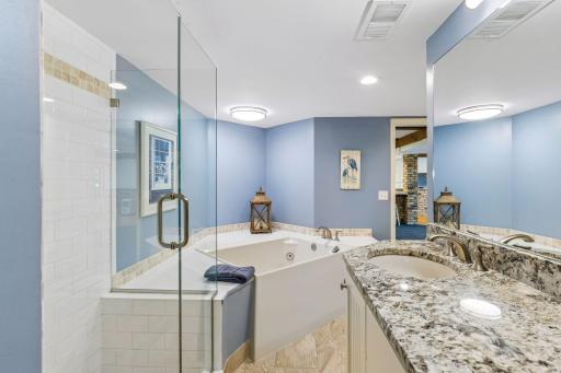 Full bathroom on the lower level with large soaker tub