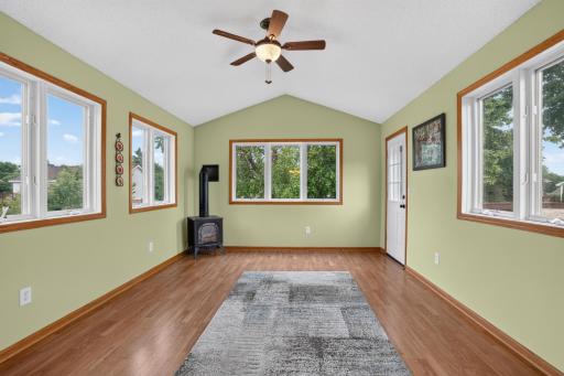 Direct access to the deck extends the living space outdoors.