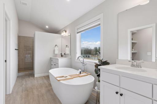 The primary suite is stunning and so efficient. It features this phenomenal bathroom.