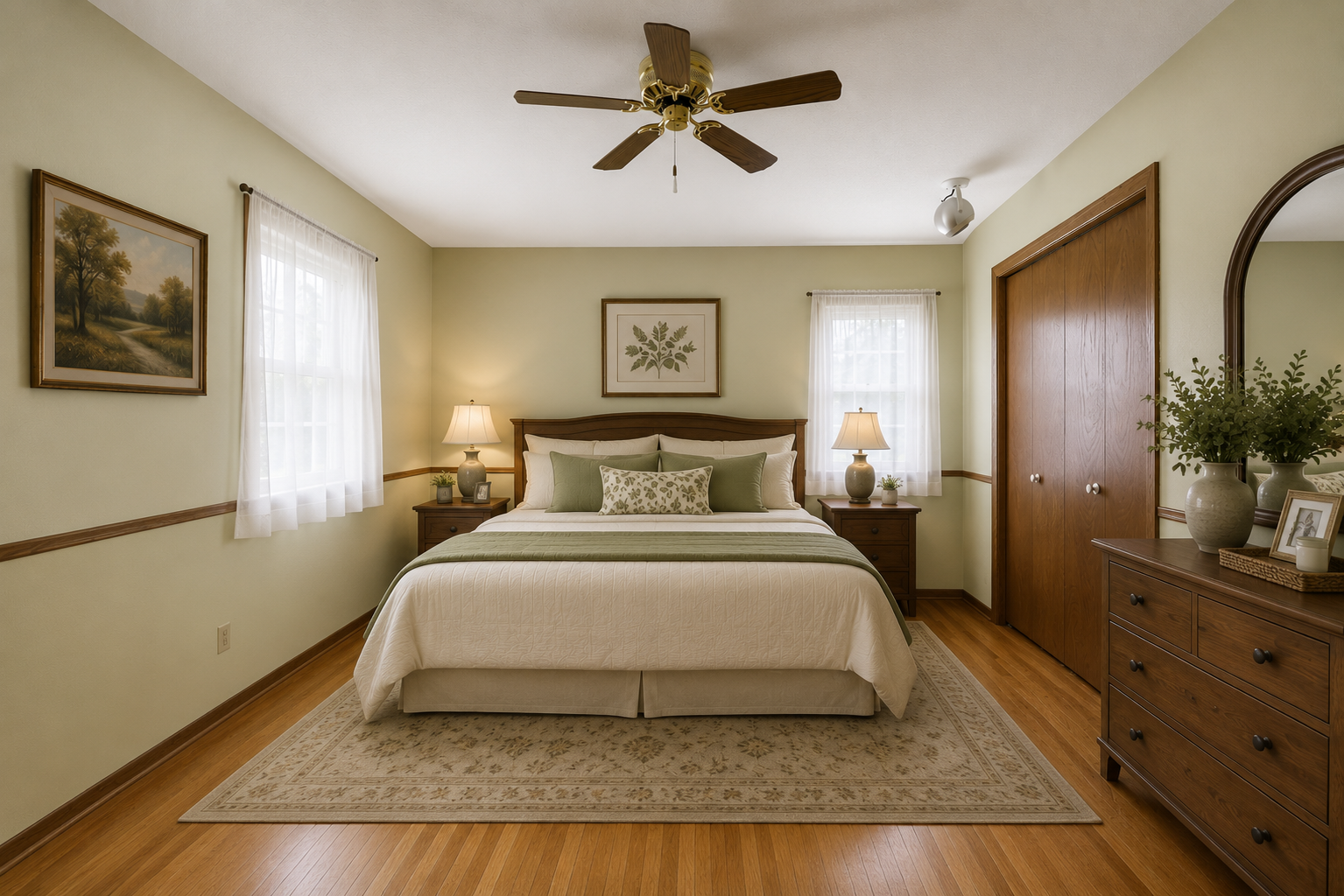 Pirmary bedroom has private 3/4 bathroom, gorgeous hardwood floors and ceiling fan.
Virtually staged