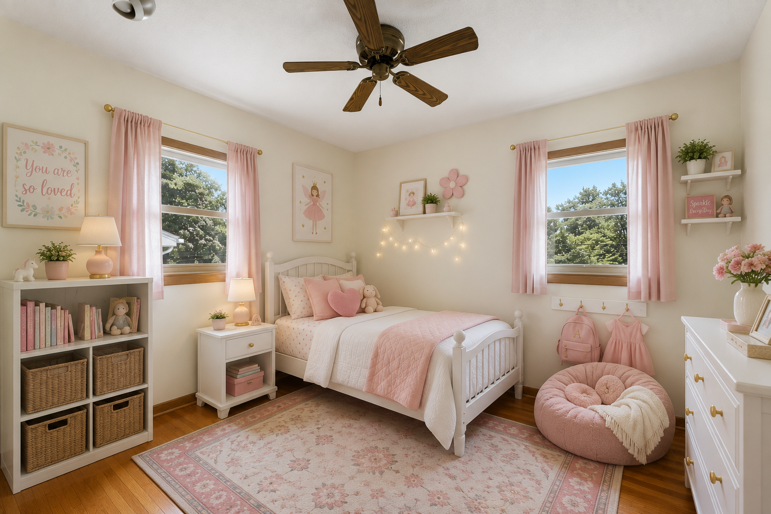 Third main floor bedroom with bright new windows hardwood floors and ceiling fan.
Virually staged