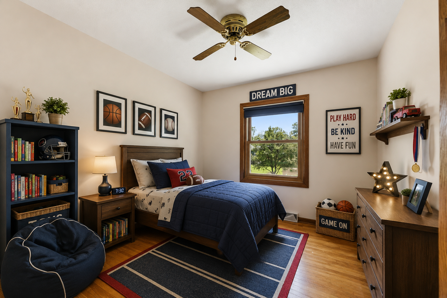 Second bedroom with hardwood floors bright updated window and ceiling fan.
Virtually Staged