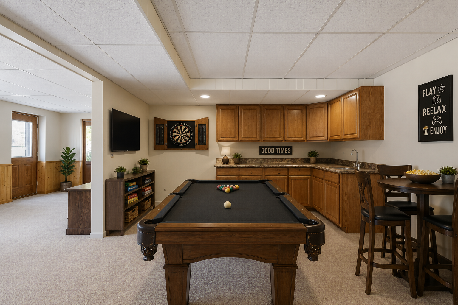 Recreation room just off the family room, has a wet bar and handy storage area.
Virtually staged