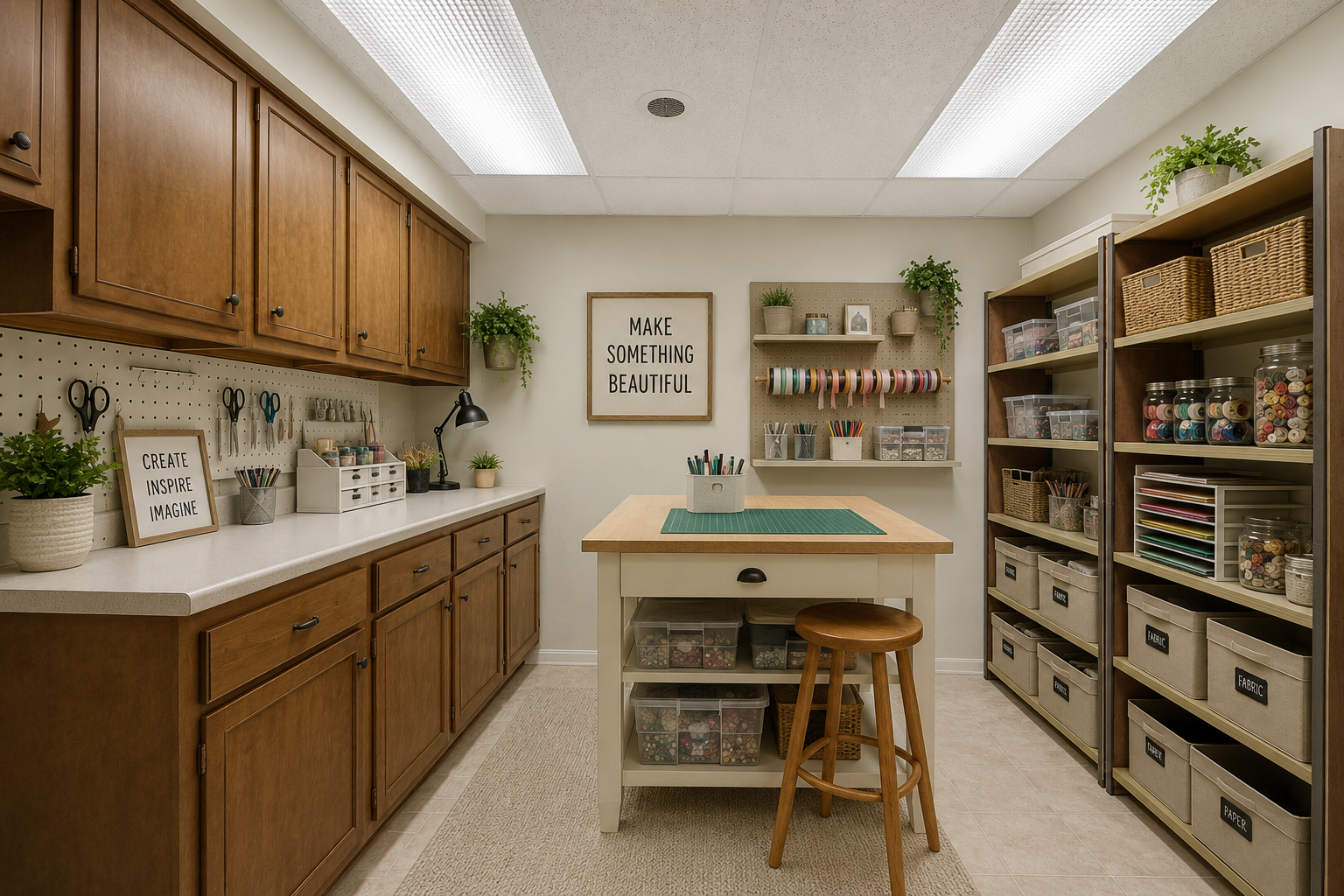 Just beyond the laundry room is this great bonus storage area, staged as a craft space.
Virtually staged