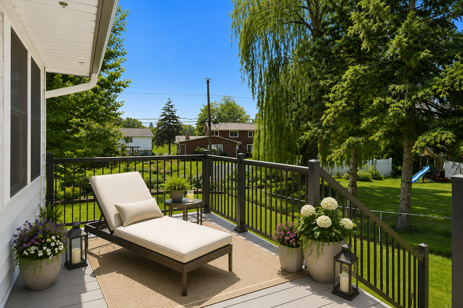 Gorgeous sunny maintance free back deck off the sun room.
Virtually staged