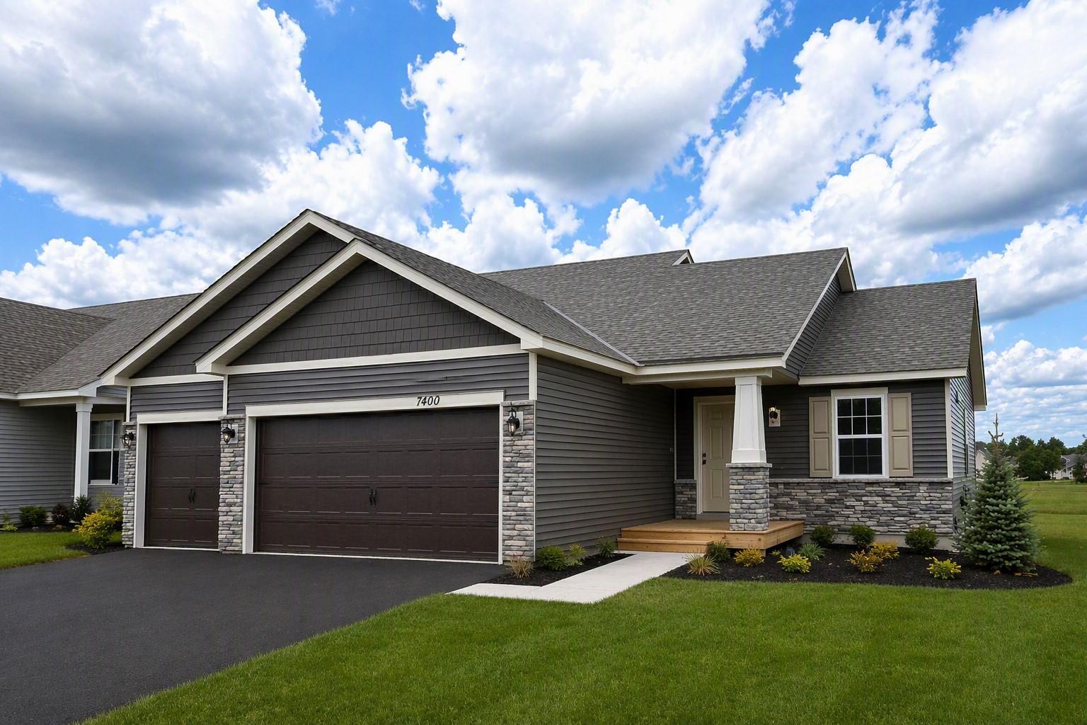 The Bryant II Northern Craftsman at Highlands at Eagle View in Elko New Market. Photo is of actual home. Options and colors may vary. Ask Sales Agent for details. AI-generated landscaping for visualization. Actual yard condition may differ.