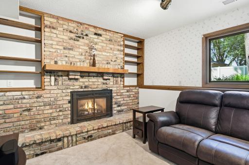 Close up view of the gorgeous fireplace in the family room.