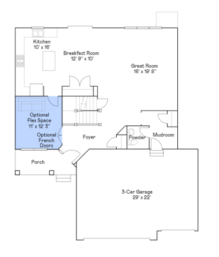 Springfield main level floorplan with French doors.