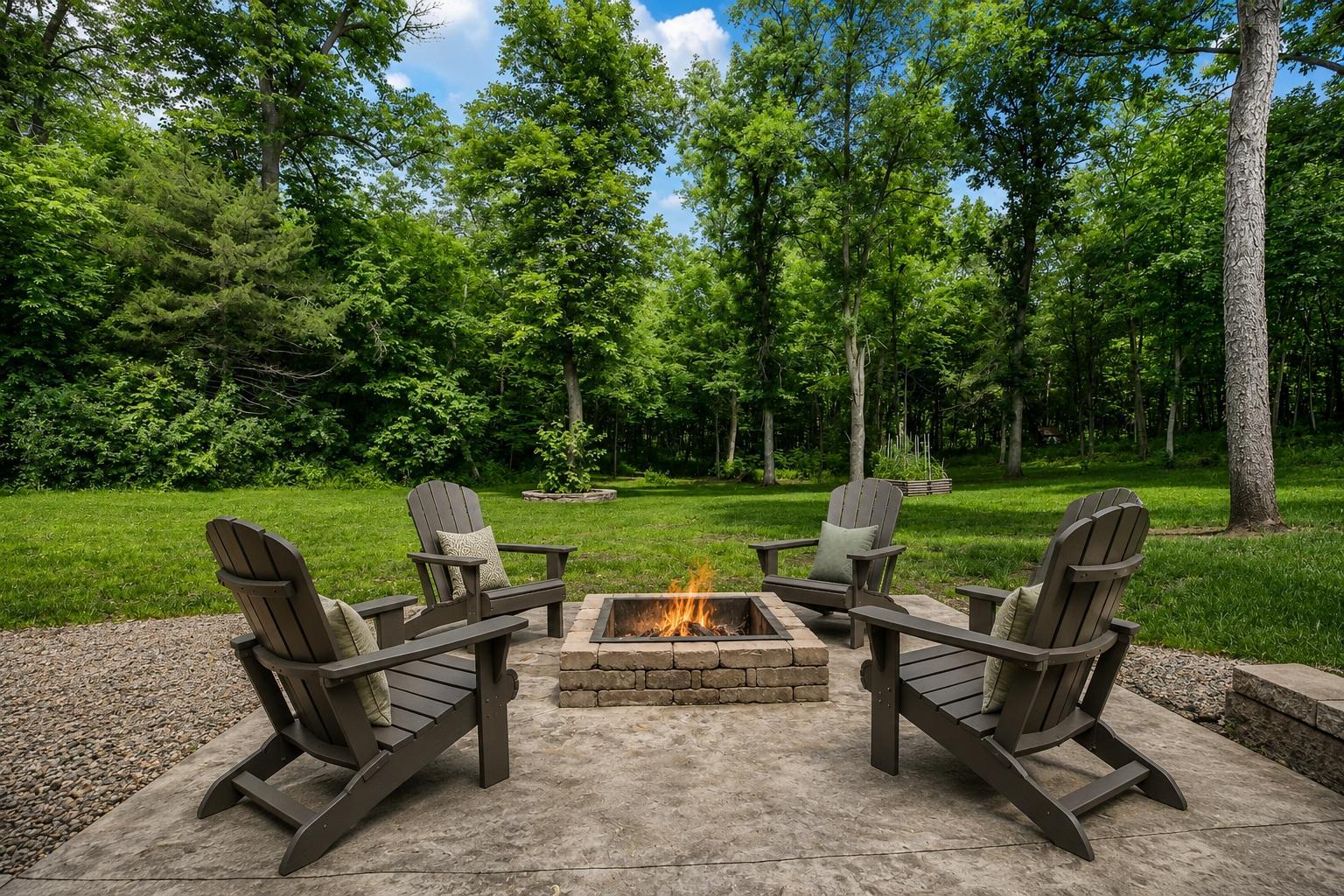 Gather around the inviting fire pit patio and enjoy peaceful evenings surrounded by mature trees and the privacy of 1.57 wooded acres. Perfect for entertaining, roasting marshmallows, or simply unwinding under the stars.
