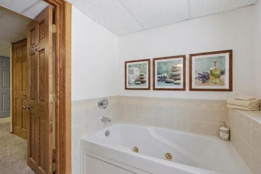 Jetted soaking tub in the lower level bath, the kind of feature buyers remember after the showing
