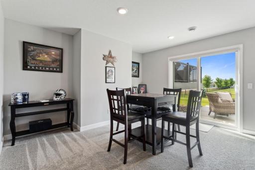Large lower L shaped family room with walkout