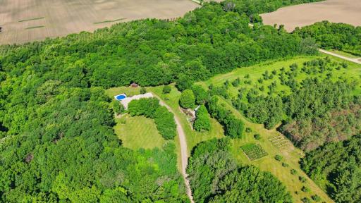 Aerial View of 1665 Cty Rd 5, Howard Lake. 8.21 Secluded Acres. Tucked away among mature hardwoods and vibrant maples trees. A sanctuary for abundant wildlife throughout every season.