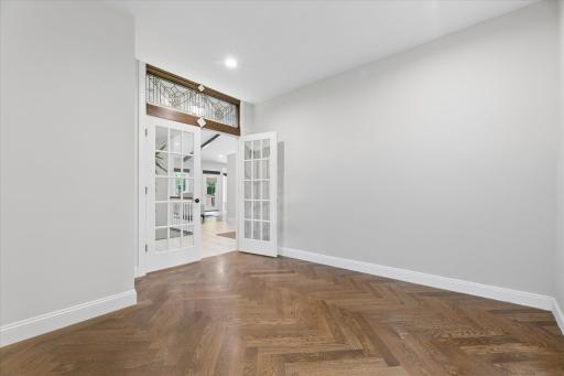 Custom Transom Window Header, French Doors into home office.