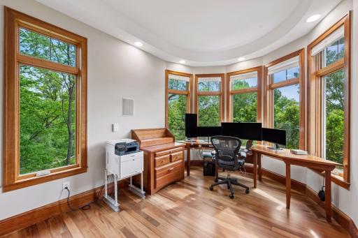 Work with a View! This main-level turret office boasts exotic tiger-wood flooring, a tray ceiling, crown molding, a glass-panel door, and a stunning wall of windows facing Lake Elmo. Work seamlessly anywhere with over 10 wireless access points.