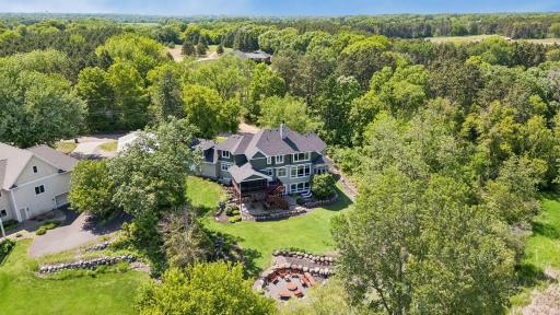 Aerial view of the home and backyard.