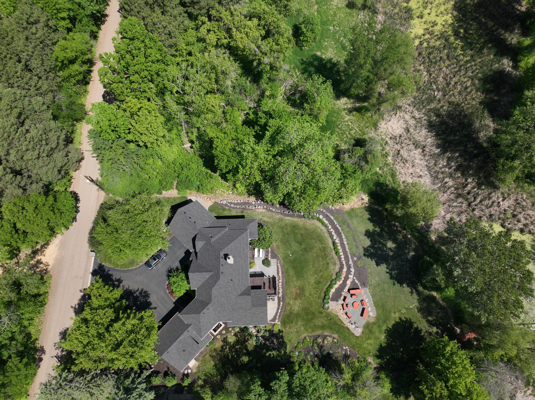 Aerial view of the home and property.
